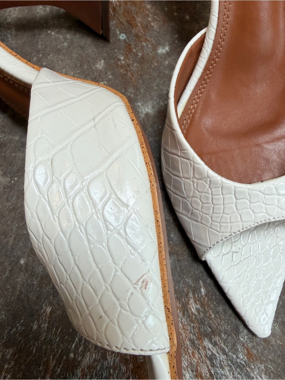 White Croc-Textured Pointed Toe Slip-On Heels - Picture 5 of 7
